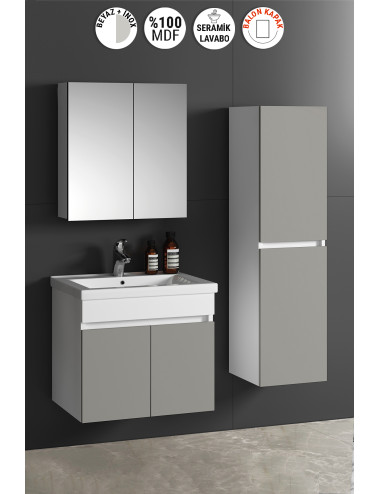 Çiğdem 65+35 cm Beyaz-İnox Balon MDF Seramik Lavabolu Asma Banyo Dolabı Takımı