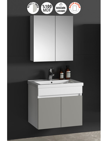 Çiğdem 55 cm Beyaz-İnox Balon MDF Seramik Lavabolu Asma Banyo Dolabı Takımı