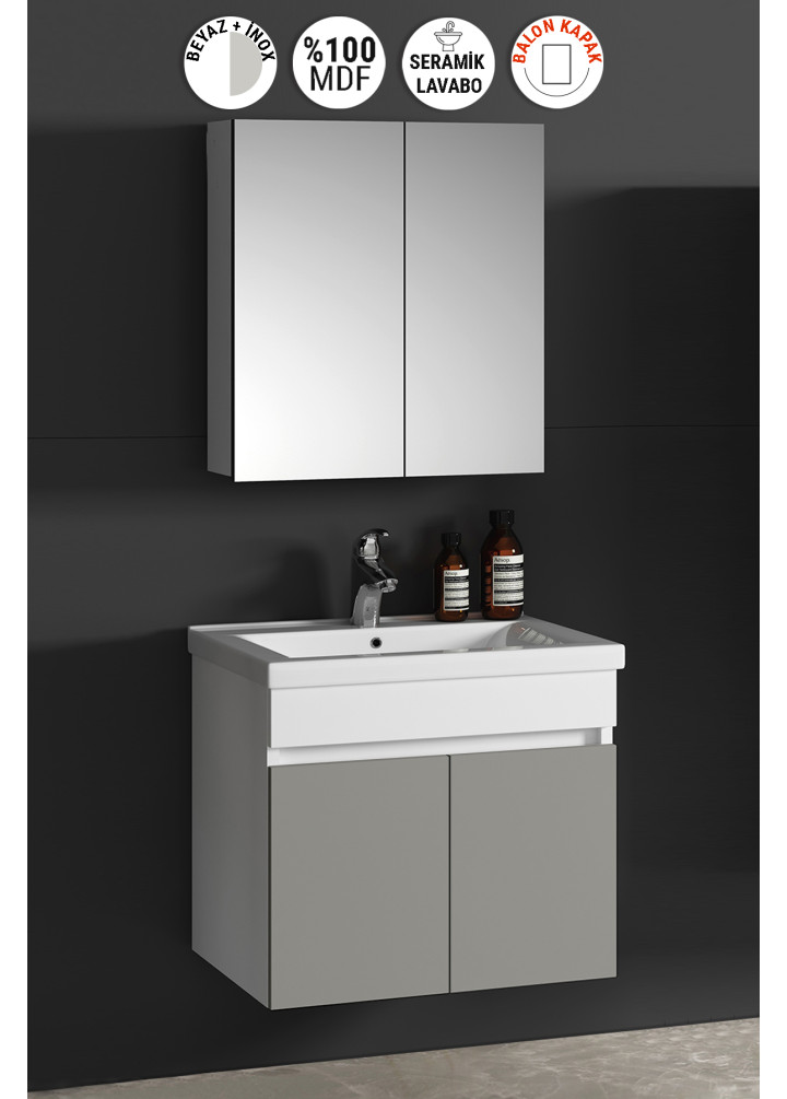 Çiğdem 55 cm Beyaz-İnox Balon MDF Seramik Lavabolu Asma Banyo Dolabı Takımı