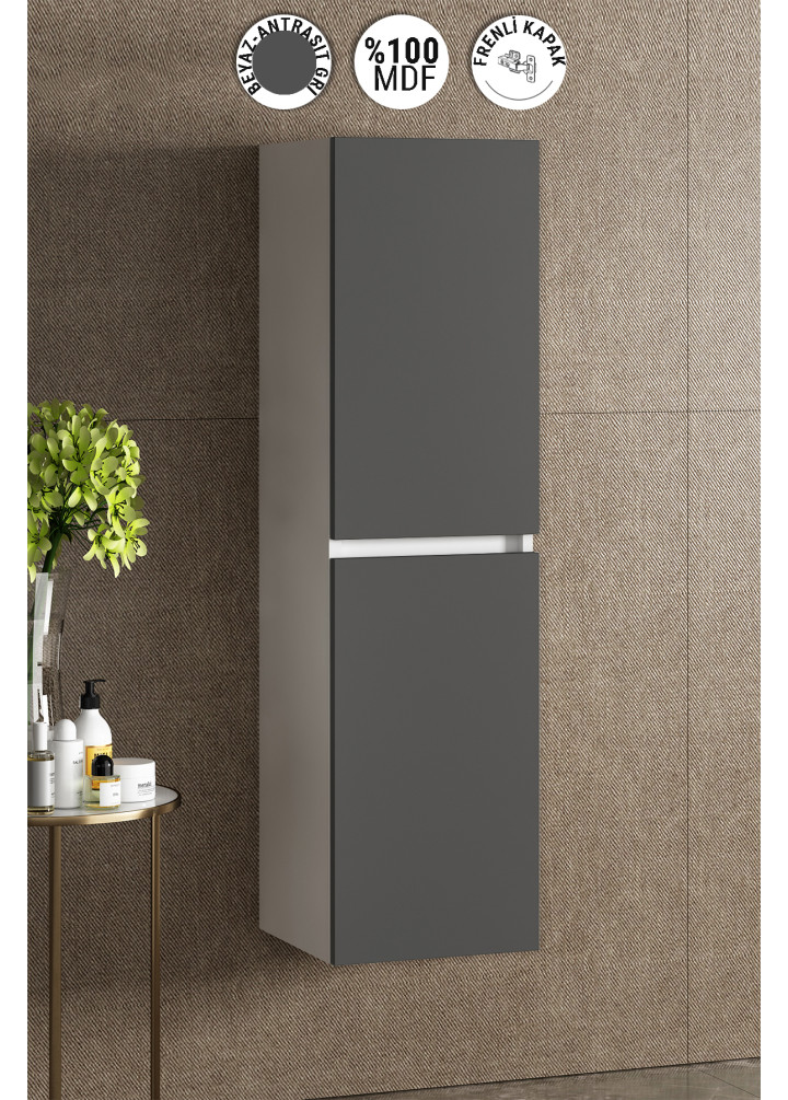 Yıldız 35x130 cm Beyaz-Antrasit Gri Mat MDF Asma Banyo Boy Dolabı