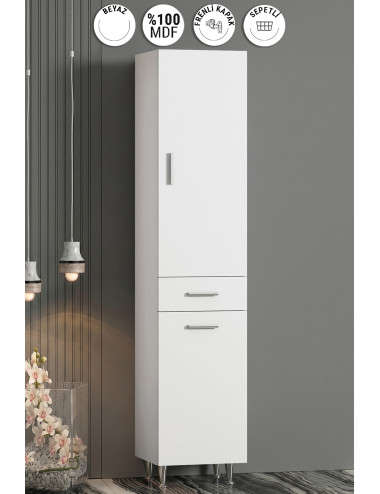 Boy 35x195 cm Beyaz MDF Sepetli Banyo Boy Dolabı