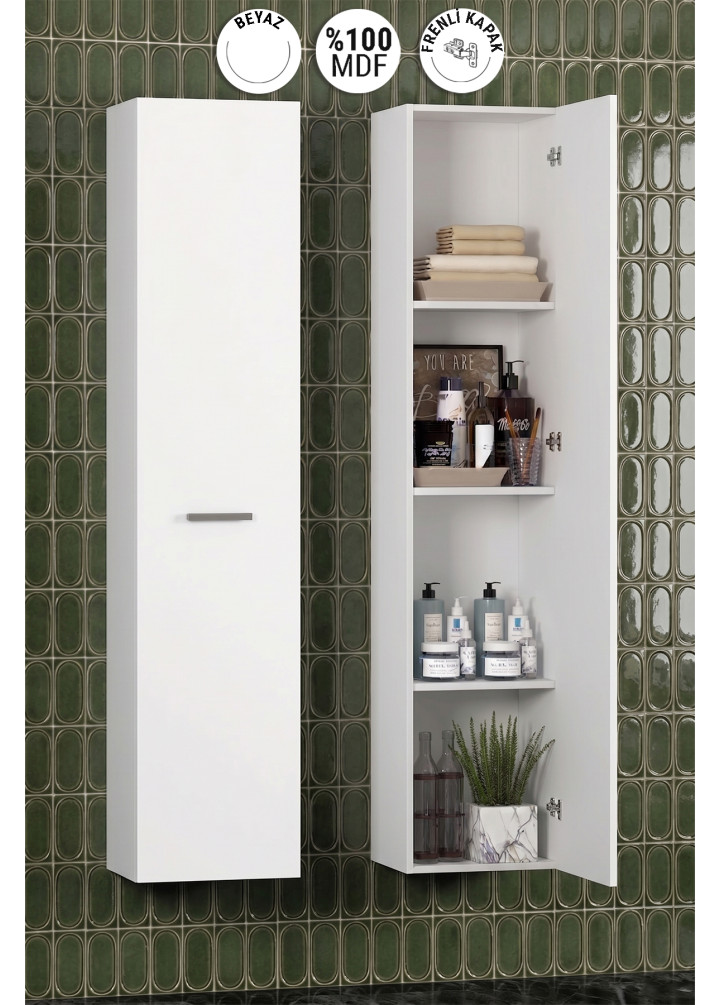 Yeni Boy 35x167 cm Beyaz MDF Tek Kapaklı Asma Banyo Boy Dolabı