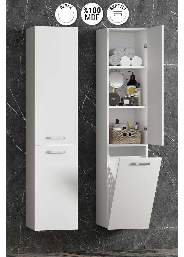 Yeni Boy 35x167 cm Beyaz MDF Sepetli Asma Banyo Boy Dolabı