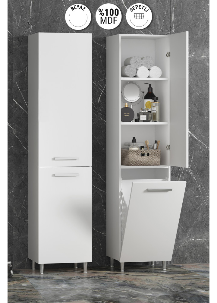 Yeni Boy 35x167 cm Beyaz MDF Sepetli Ayaklı Banyo Boy Dolabı