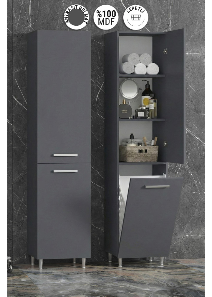 Yeni Boy 35x167 cm Antrasit Gri Mat MDF Sepetli Ayaklı Banyo Boy Dolabı