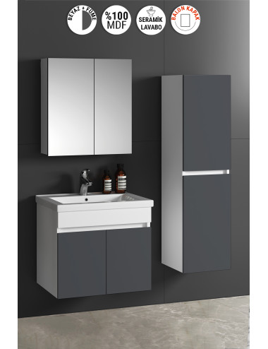 Çiğdem 55+35 cm Beyaz-Füme Balon MDF Seramik Lavabolu Asma Banyo Dolabı Takımı