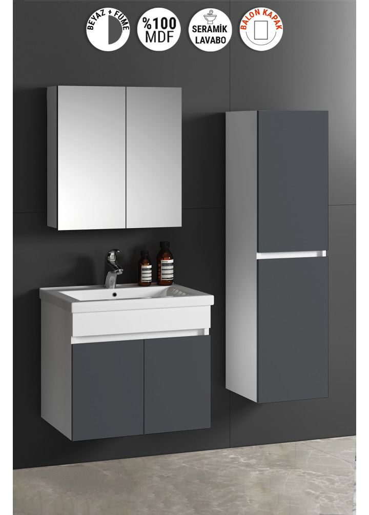 Çiğdem 55+35 cm Beyaz-Füme Balon MDF Seramik Lavabolu Asma Banyo Dolabı Takımı