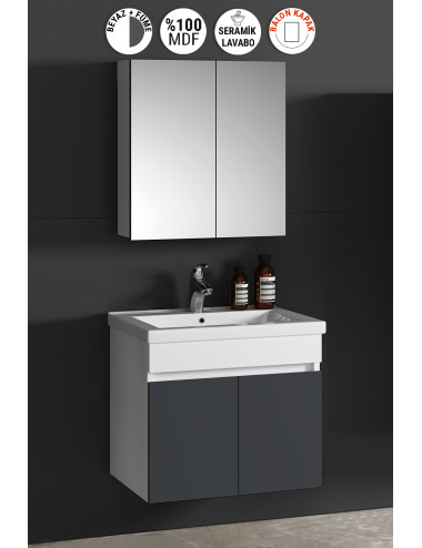 Çiğdem 55 cm Beyaz-Füme Balon MDF Seramik Lavabolu Asma Banyo Dolabı Takımı