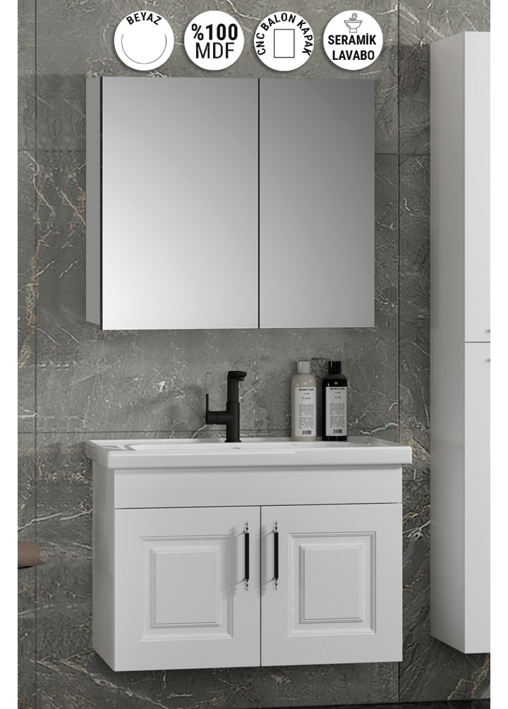 Salkım 65 cm Beyaz Balon MDF Seramik Lavabolu Asma Banyo Dolabı Takımı