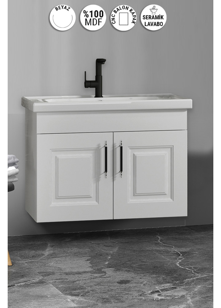 Salkım 65 cm Beyaz Balon MDF Seramik Lavabolu Asma Banyo Alt Dolabı
