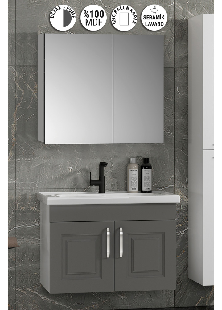 Salkım 80 cm Beyaz-Füme Balon MDF Seramik Lavabolu Asma Banyo Dolabı Takımı