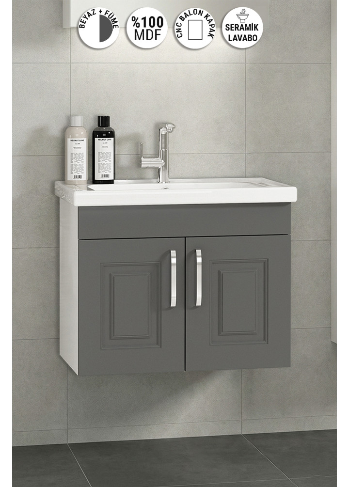 Salkım 65 cm Beyaz-Füme Balon MDF Seramik Lavabolu Asma Banyo Alt Dolabı