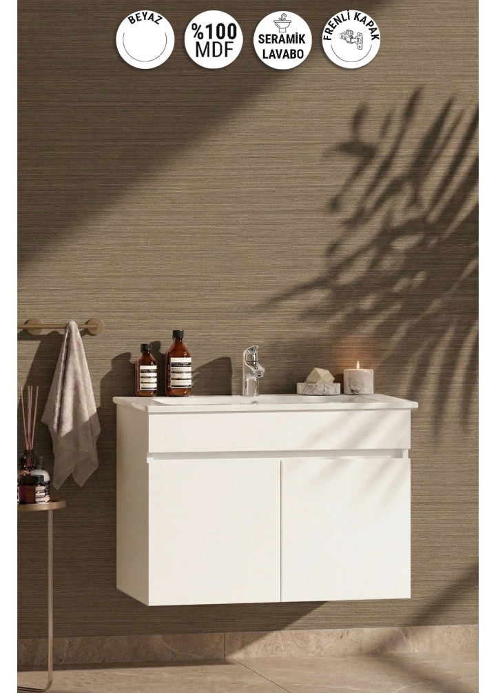 Lotus 75 cm Beyaz MDF Seramik Lavabolu Asma Banyo Alt Dolabı