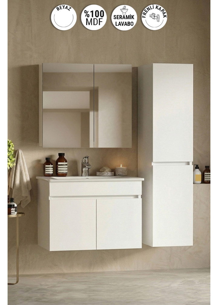 Lotus 75+35 cm Beyaz MDF Seramik Lavabolu Asma Banyo Dolabı Takımı