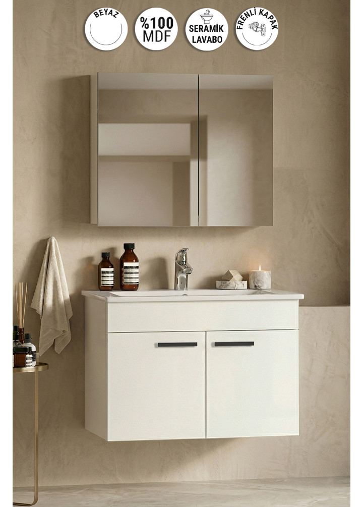 Petunya 80 cm Beyaz MDF Seramik Lavabolu Asma Banyo Dolabı Takımı