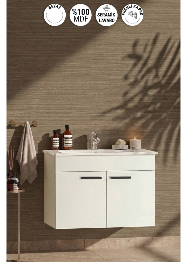 Petunya 80 cm Beyaz MDF Seramik Lavabolu Asma Banyo Alt Dolabı