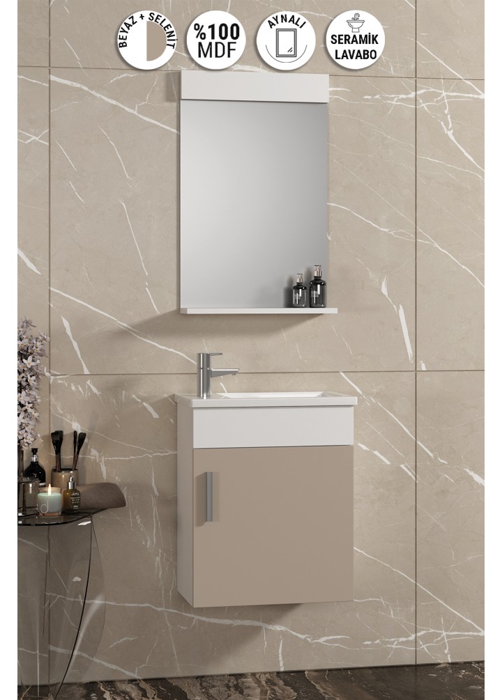 Lale 42x24 cm Beyaz-Selenit MDF Seramik Lavabolu Asma Banyo Dolabı Takımı