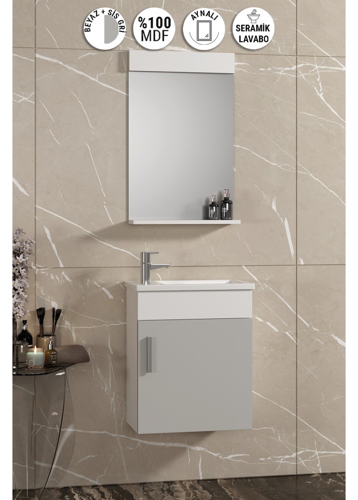 Lale 42x24 cm Beyaz-Sis Gri MDF Seramik Lavabolu Asma Banyo Dolabı Takımı