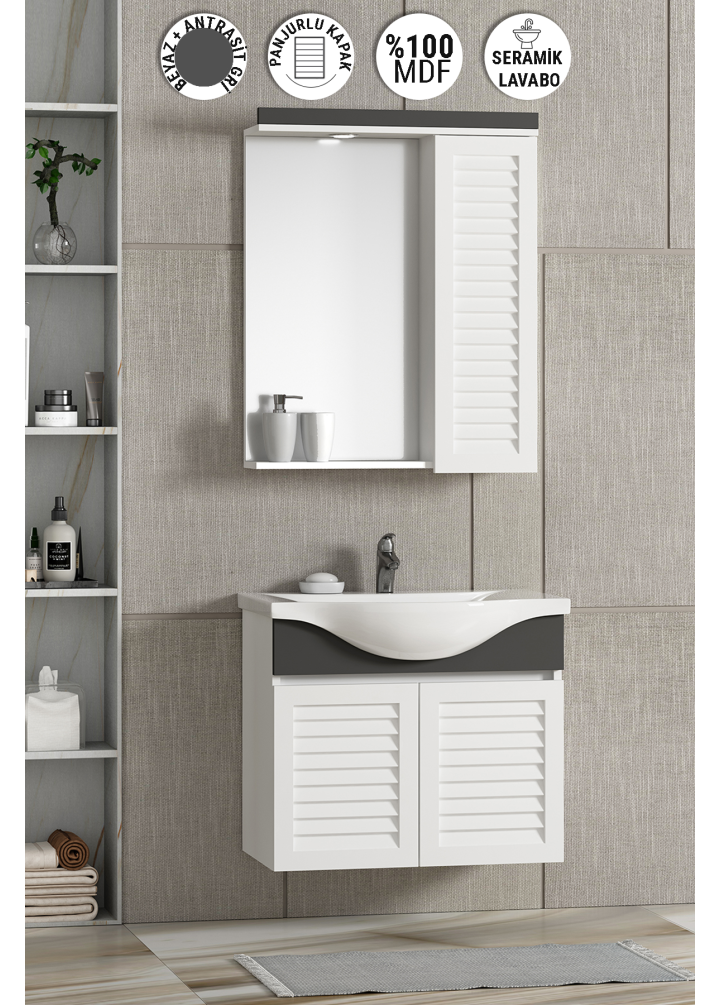 Lilyum 65 cm Beyaz-Antrasit Gri Mat MDF Panjurlu Balon Kapak Seramik Lavabolu Asma Banyo Dolabı Takımı