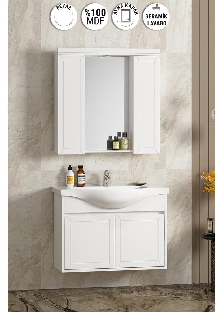 Lilyum 80 cm Beyaz MDF PK-109 Balon Kapak Seramik Lavabolu Asma Banyo Dolabı Takımı