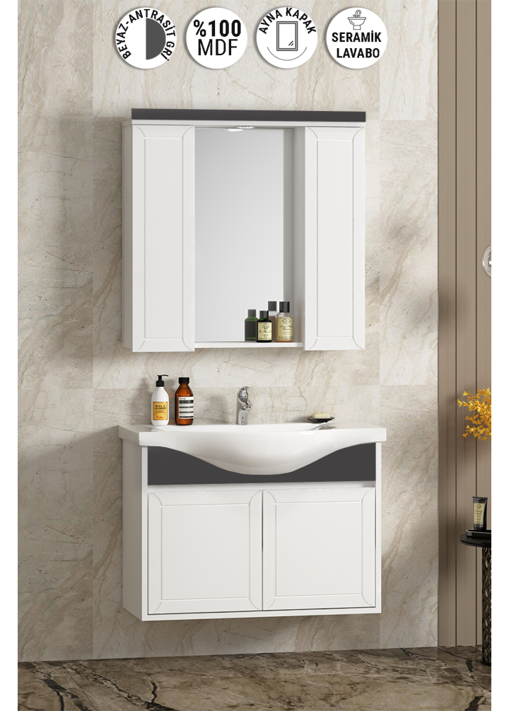 Lilyum 80 cm Beyaz-Antrasit Gri Mat MDF PK-109 Balon Kapak Seramik Lavabolu Asma Banyo Dolabı Takımı