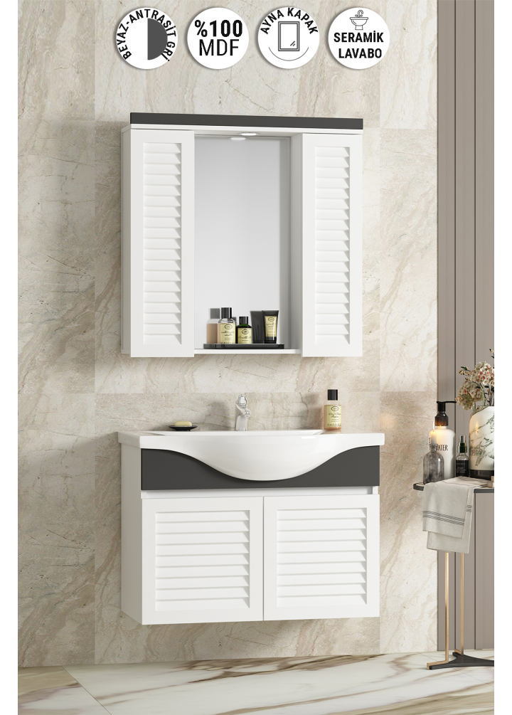 Lilyum 80 cm Beyaz-Antrasit Gri Mat MDF Panjurlu Balon Kapak Seramik Lavabolu Asma Banyo Dolabı Takımı