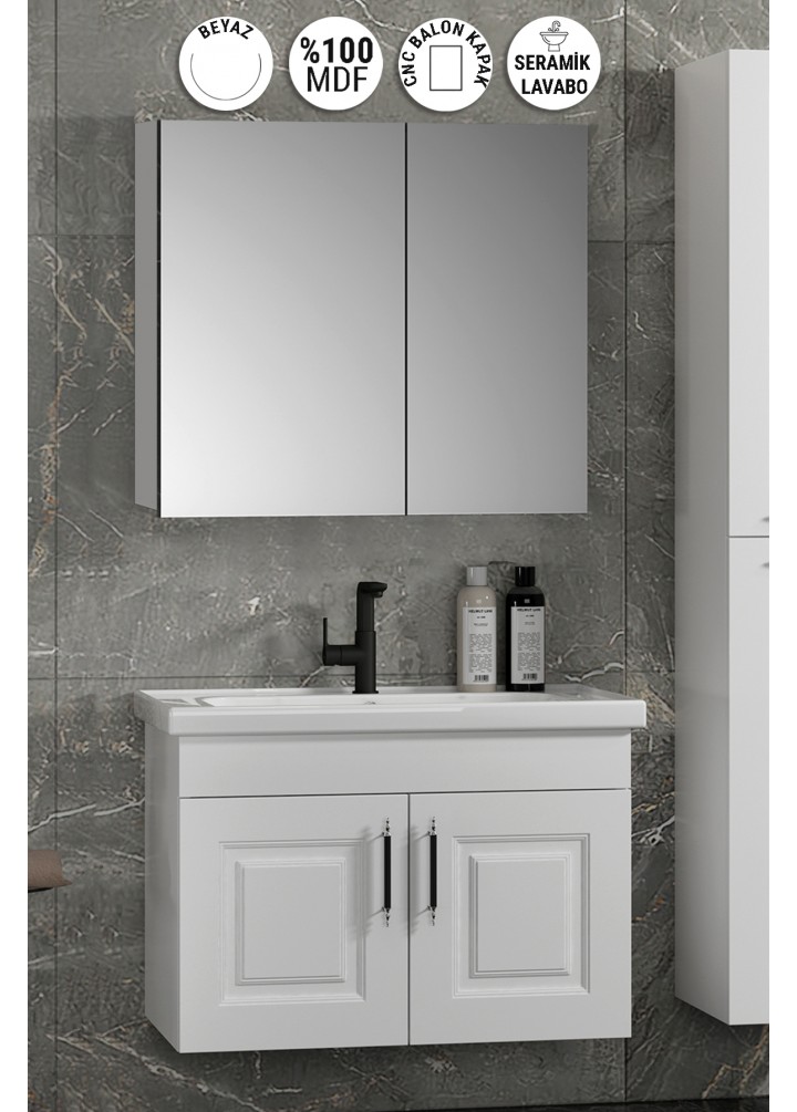 Salkım 65 cm Beyaz Balon MDF Seramik Lavabolu Asma Banyo Dolabı Takımı