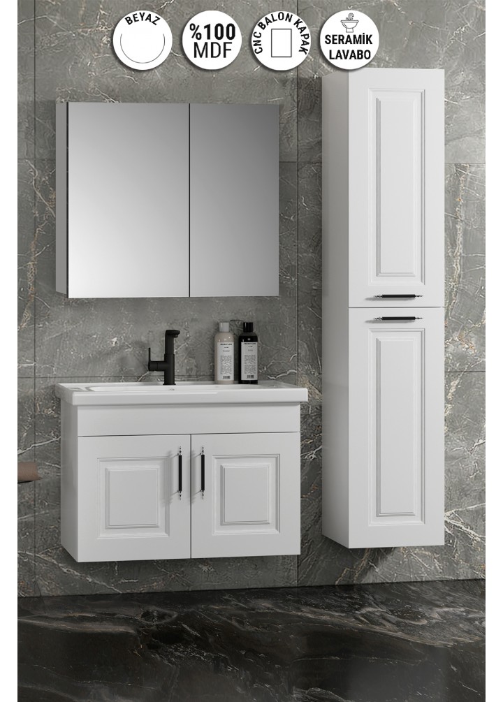 Salkım 65+35 cm Beyaz Balon MDF Seramik Lavabolu Asma Banyo Dolabı Takımı