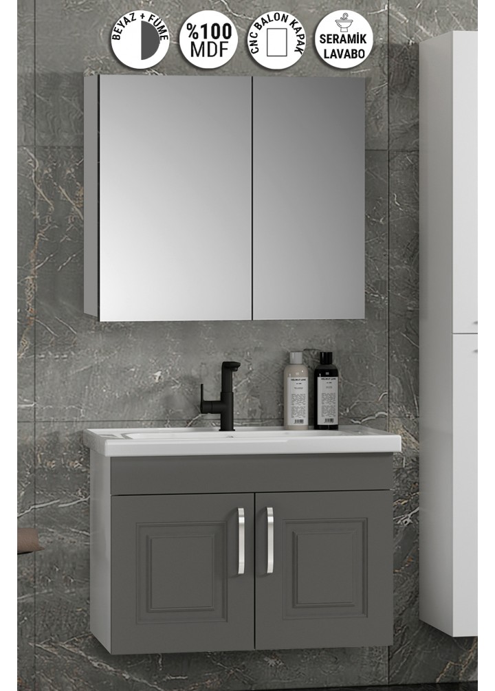 Salkım 80 cm Beyaz-Füme Balon MDF Seramik Lavabolu Asma Banyo Dolabı Takımı