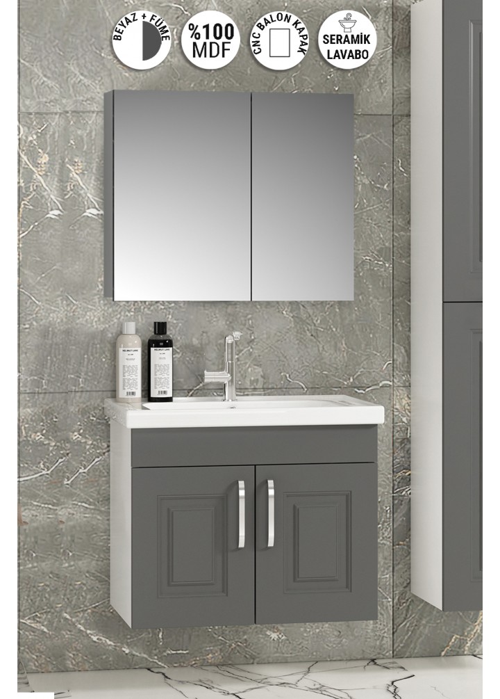 Salkım 65 cm Beyaz-Füme Balon MDF Seramik Lavabolu Asma Banyo Dolabı Takımı