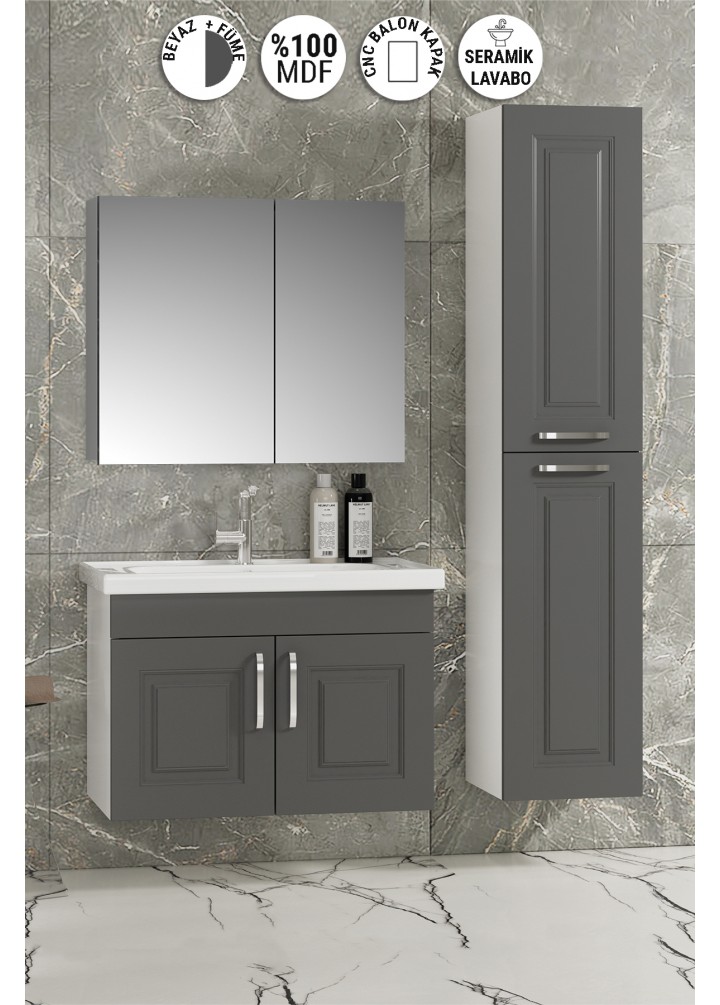 Salkım 80+35 cm Beyaz-Füme Balon MDF Seramik Lavabolu Asma Banyo Dolabı Takımı