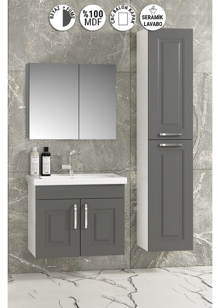 Salkım 65+35 cm Beyaz-Füme Balon MDF Seramik Lavabolu Asma Banyo Dolabı Takımı