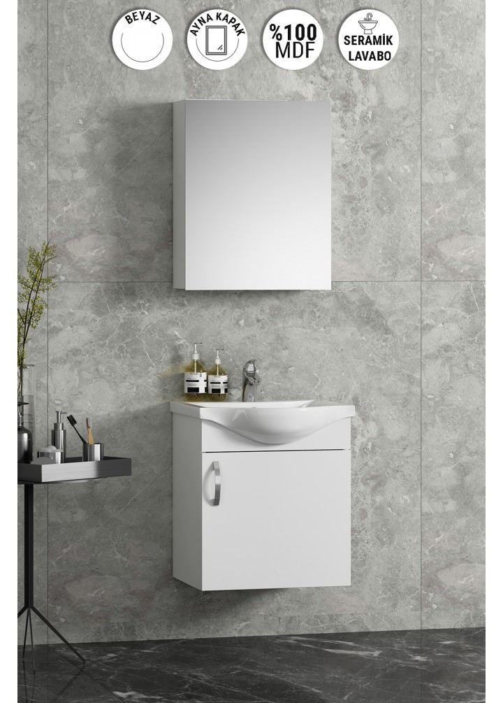 Yıldız 45 cm Beyaz MDF Seramik Lavabolu Asma Banyo Dolabı Takımı