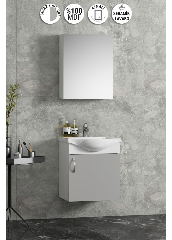Yıldız 45 cm Beyaz-Sis Gri MDF Seramik Lavabolu Asma Banyo Dolabı Takımı