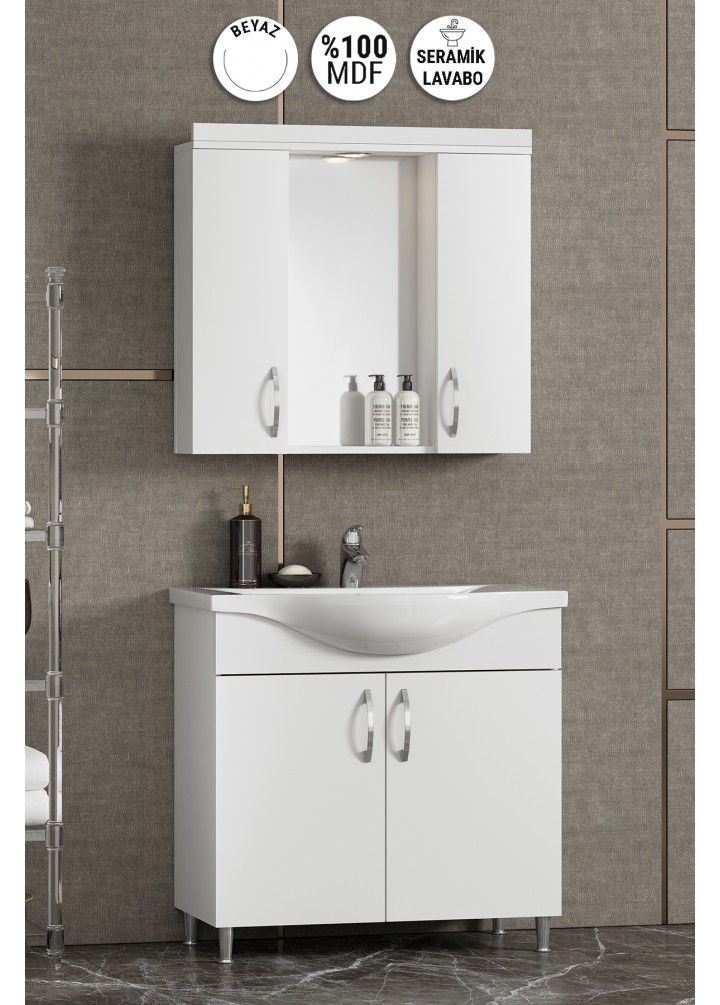 Yıldız 80 Cm Beyaz MDF Seramik Lavabolu Ayaklı Kulplu Banyo Dolabı Takımı
