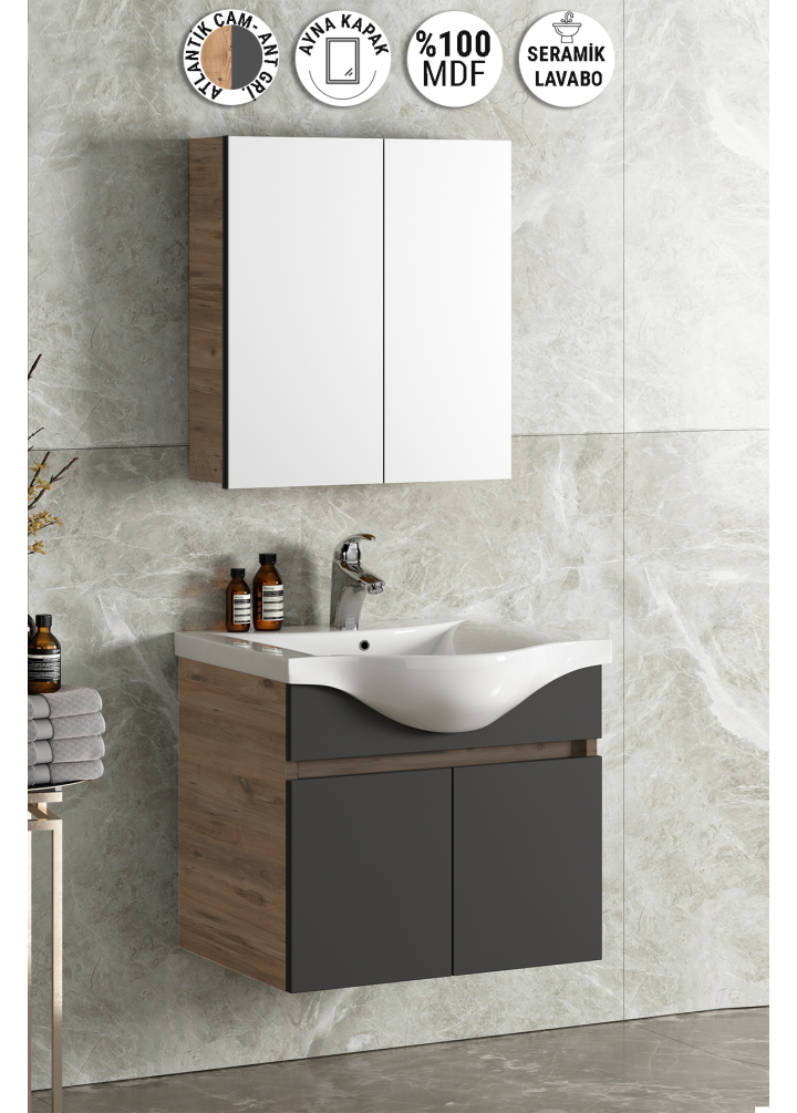 Yıldız 55 cm Atlantik Çam-Antrasit Gri Mat MDF Seramik Lavabolu Asma Banyo Dolabı Takımı