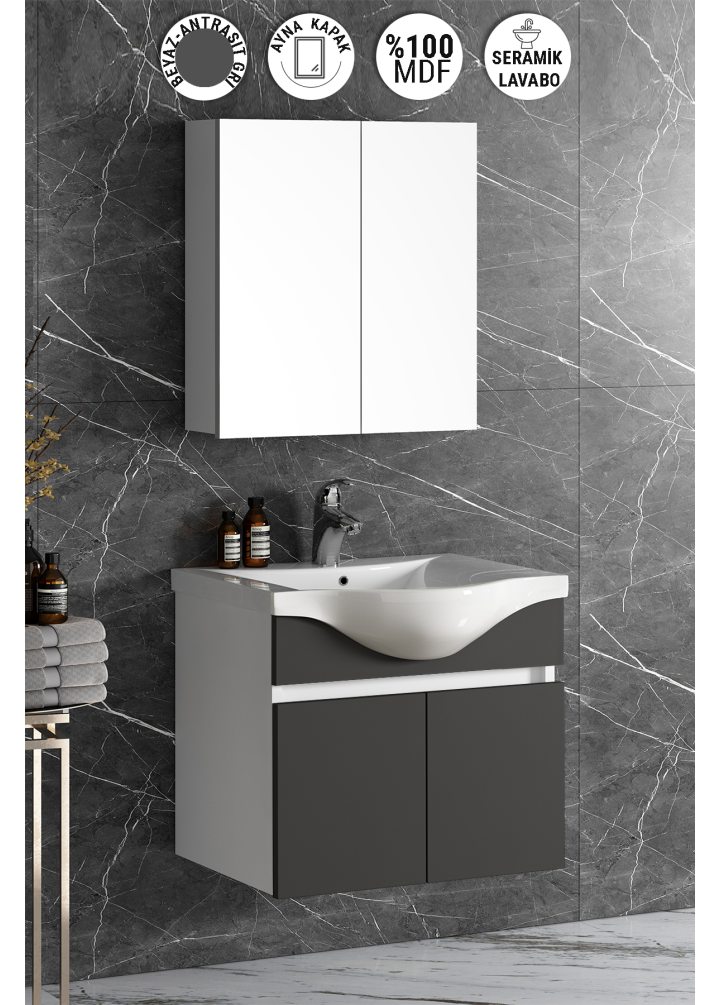 Yıldız 55 cm Beyaz-Antrasit Gri Mat MDF Seramik Lavabolu Asma Banyo Dolabı Takımı