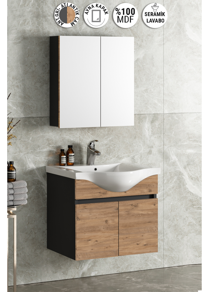 Yıldız 65 cm Antrasit Gri Mat-Atlantik Çam MDF Seramik Lavabolu Asma Banyo Dolabı Takımı