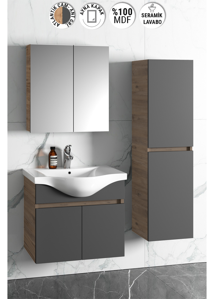 Yıldız 65+35 cm Atlantik Çam-Antrasit Gri Mat MDF Seramik Lavabolu Asma Banyo Dolabı Takımı