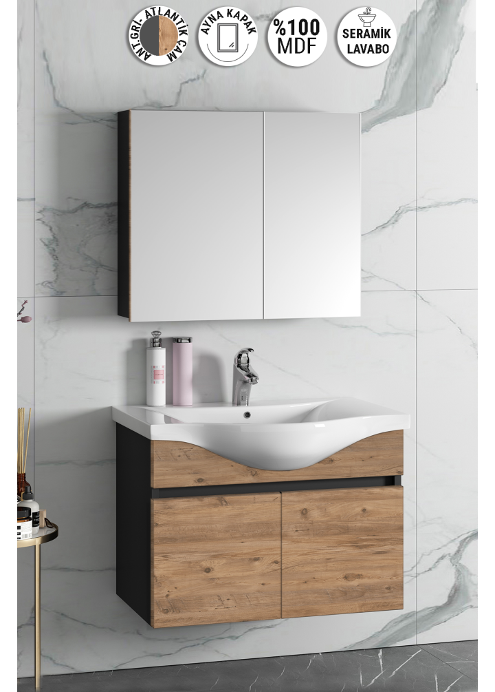 Yıldız 80 cm Antrasit Gri Mat-Atlantik Çam MDF Seramik Lavabolu Asma Banyo Dolabı Takımı