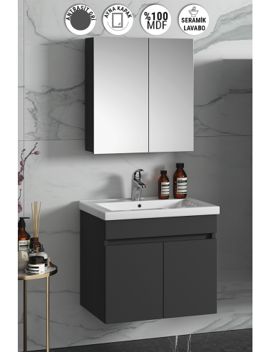 Çiğdem 55 cm Antrasit Gri Mat MDF Seramik Lavabolu Asma Banyo Dolabı Takımı