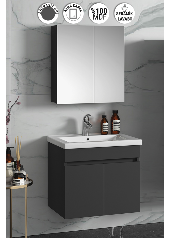 Çiğdem 55 cm Antrasit Gri Mat MDF Seramik Lavabolu Asma Banyo Dolabı Takımı
