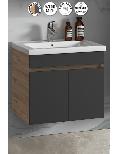 Çiğdem 55 cm Atlantik Çam-Antrasit Gri Mat MDF Seramik Lavabolu Asma Banyo Alt Dolabı