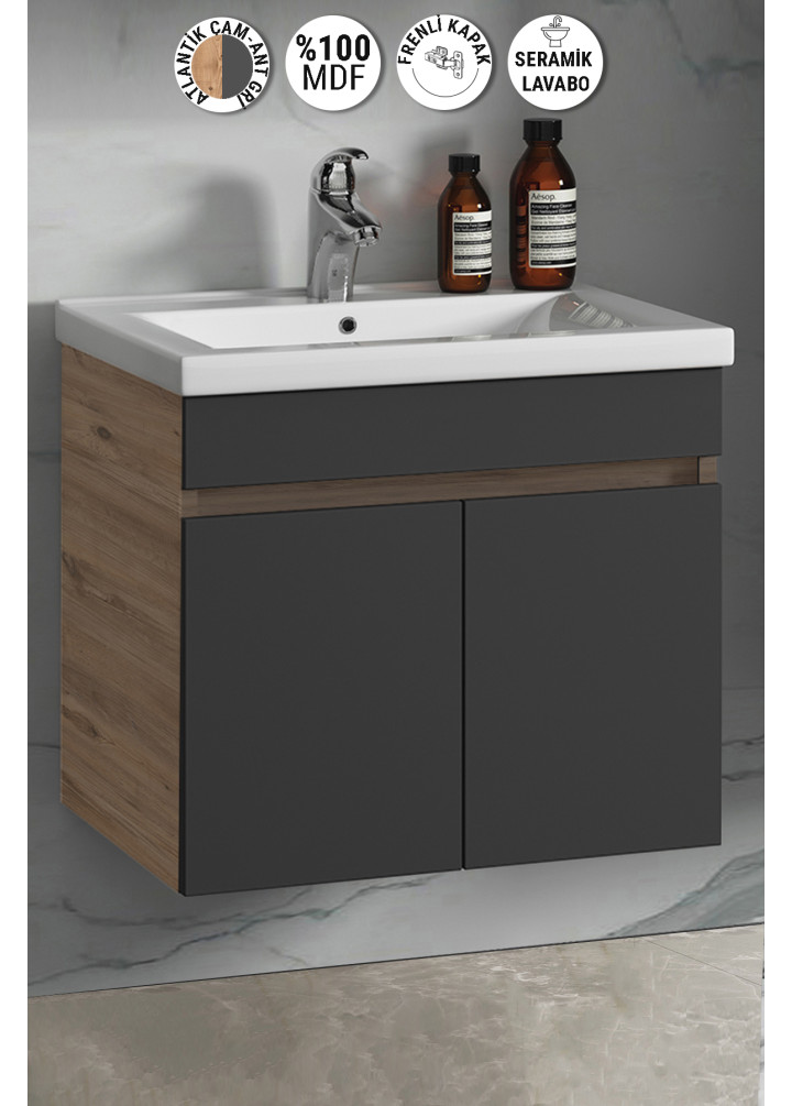Çiğdem 55 cm Atlantik Çam-Antrasit Gri Mat MDF Seramik Lavabolu Asma Banyo Alt Dolabı