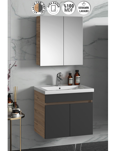 Çiğdem 55 cm Atlantik Çam-Antrasit Gri Mat MDF Seramik Lavabolu Asma Banyo Dolabı Takımı