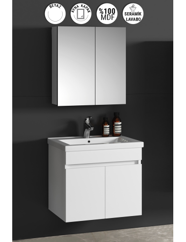 Çiğdem 55 cm Beyaz MDF Seramik Lavabolu Asma Banyo Dolabı Takımı