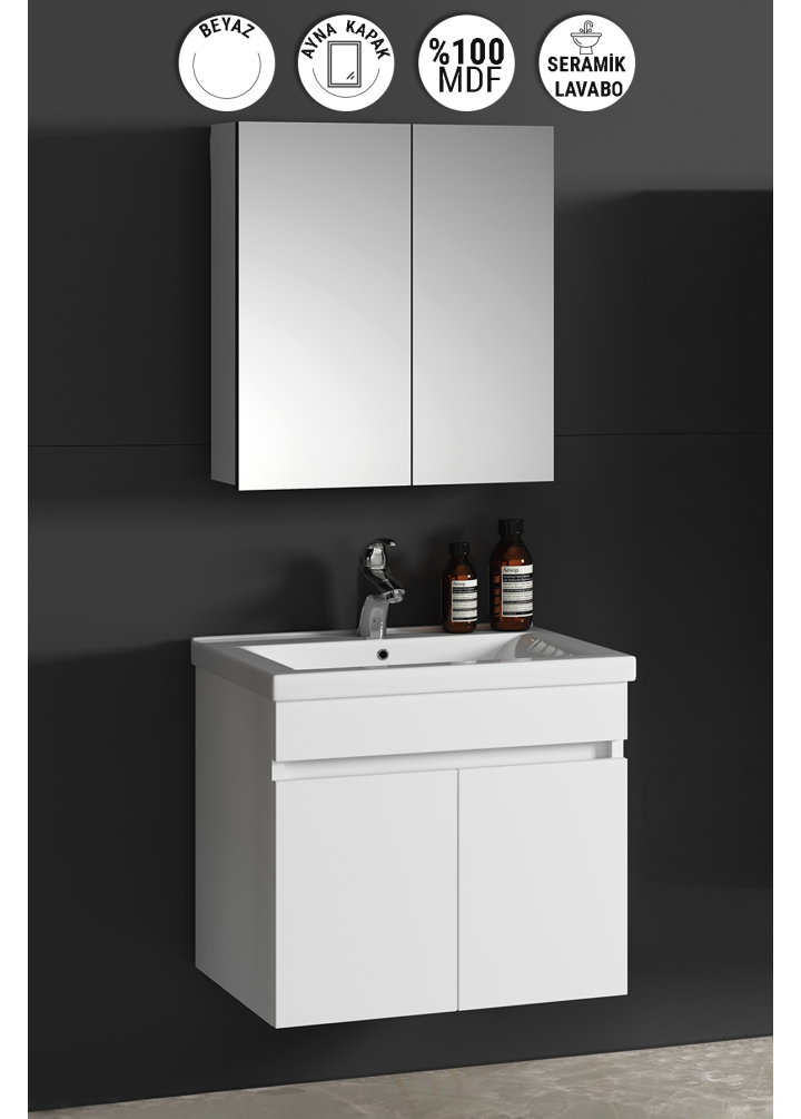 Çiğdem 55 cm Beyaz MDF Seramik Lavabolu Asma Banyo Dolabı Takımı