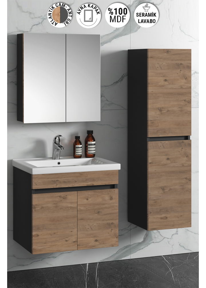 Çiğdem 55+35 Cm Antrasit Gri Mat- Atlantik Çam MDF Seramik Lavabolu Asma Banyo Dolabı Takımı