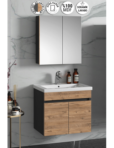 Çiğdem 65 cm Antrasit Gri Mat-Atlantik Çam MDF Seramik Lavabolu Asma Banyo Dolabı Takımı