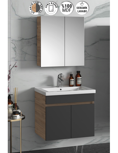 Çiğdem 65 cm Atlantik Çam-Antrasit Gri Mat MDF Seramik Lavabolu Asma Banyo Dolabı Takımı